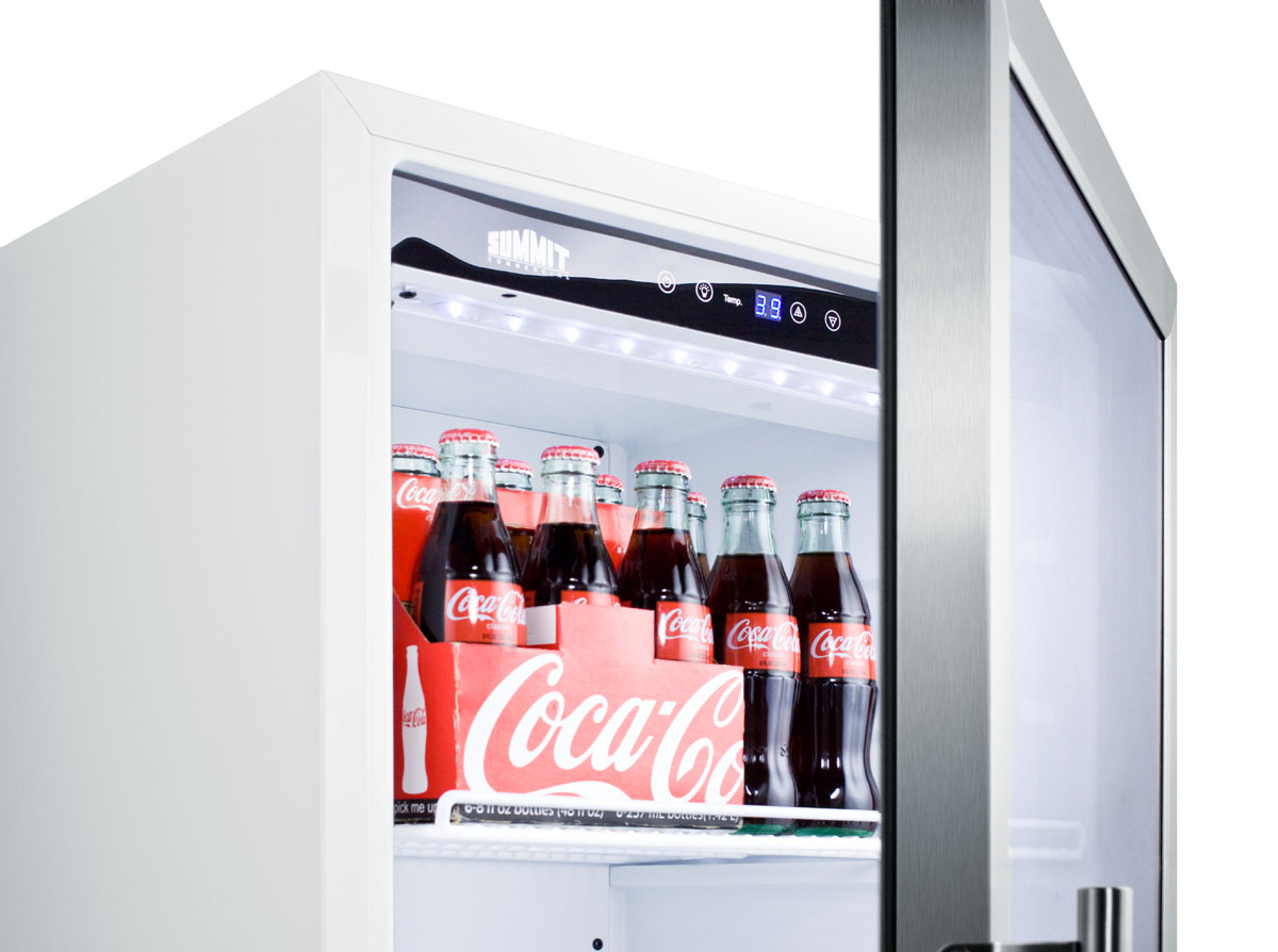 9 cu.ft. commercial glass door beverage merchandiser designed for the display and refrigeration of beverages and sealed food, with digital controls, LED lighting, full interior display, and a white cabinet